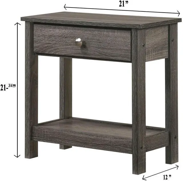 Alt view image 3 of 5 - 1pc Rustic Grey Nightstand Single Drawer Bottom Shelf Bedside Table Bedroom Wooden Furniture