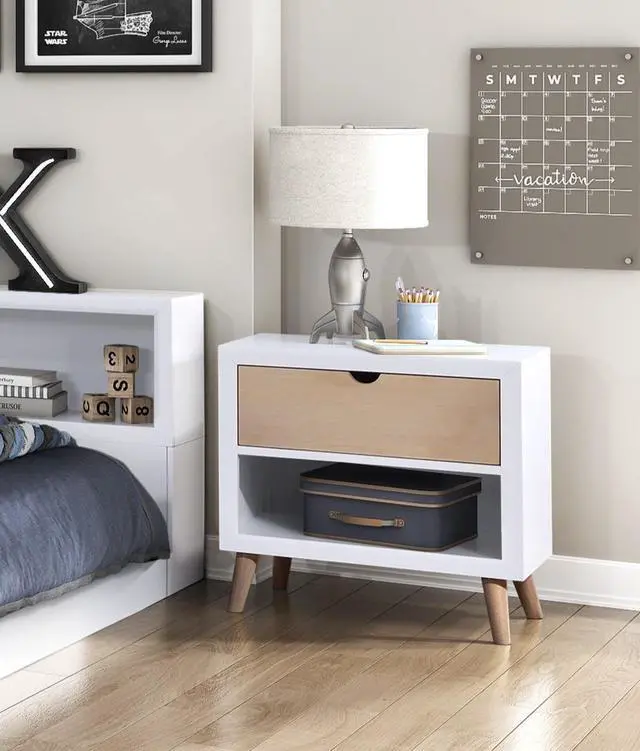 Main image of White and Natural Finish Drawer and Open Shelf Nightstand Bedroom Furniture 1pc