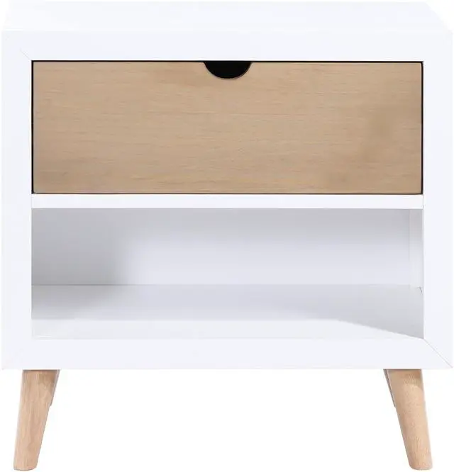 Alt view image 2 of 7 - White and Natural Finish Drawer and Open Shelf Nightstand Bedroom Furniture 1pc