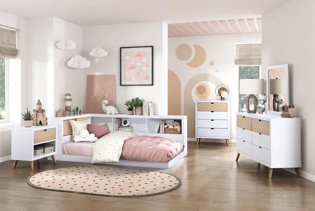 Alt view image 6 of 7 - White and Natural Finish Drawer and Open Shelf Nightstand Bedroom Furniture 1pc