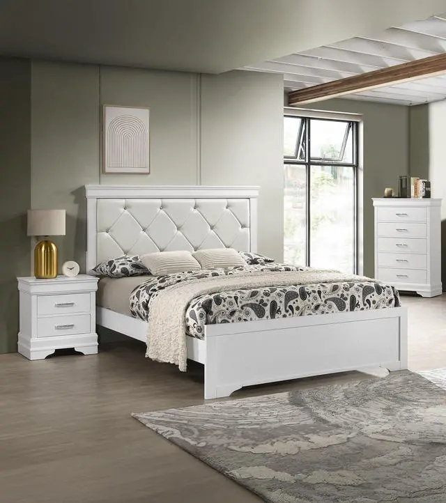 Alt view image 6 of 6 - 1pc Modern Glam Style Two Drawers Nightstand Solid Wood Crystal-Like Diamond Tufted Texture Finish Bedroom Furniture White
