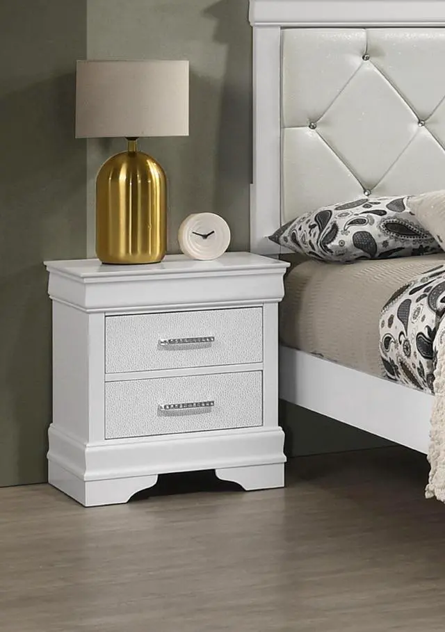 Alt view image 2 of 6 - 1pc Modern Glam Style Two Drawers Nightstand Solid Wood Crystal-Like Diamond Tufted Texture Finish Bedroom Furniture White