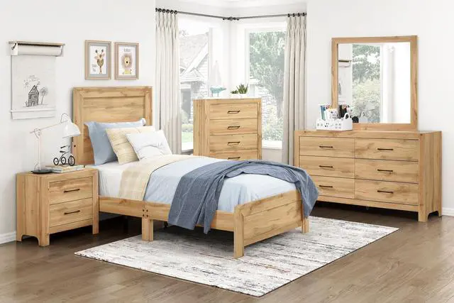 Alt view image 6 of 7 - Natural Finish 2-Drawers Nightstand Storage Bedroom Furniture, Black Handles Bedside Table 1pc