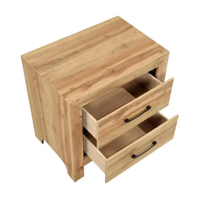Alt view image 4 of 7 - Natural Finish 2-Drawers Nightstand Storage Bedroom Furniture, Black Handles Bedside Table 1pc