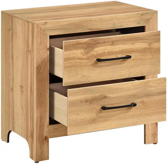 Alt view image 3 of 7 - Natural Finish 2-Drawers Nightstand Storage Bedroom Furniture, Black Handles Bedside Table 1pc