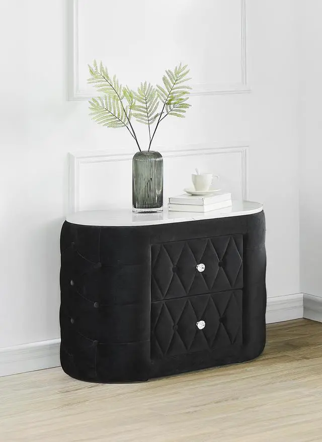 Main image of 1pc Black Nightstand Upholstery Fabric Marble Top Two Storage Drawers Wooden Bedroom Furniture Oval Black