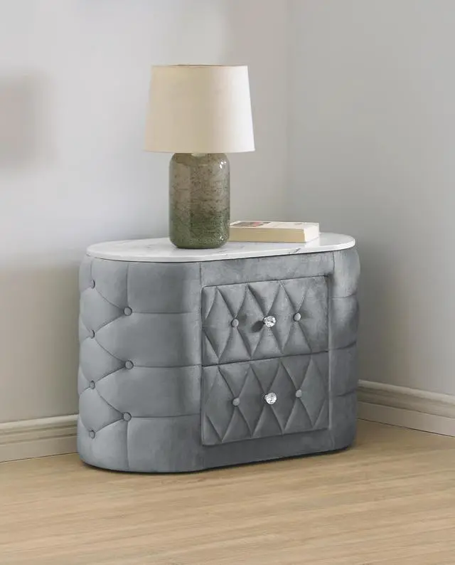 Main image of 1pc Gray Nightstand Upholstery Fabric Marble Top Two Storage Drawers Wooden Bedroom Furniture Oval Grey