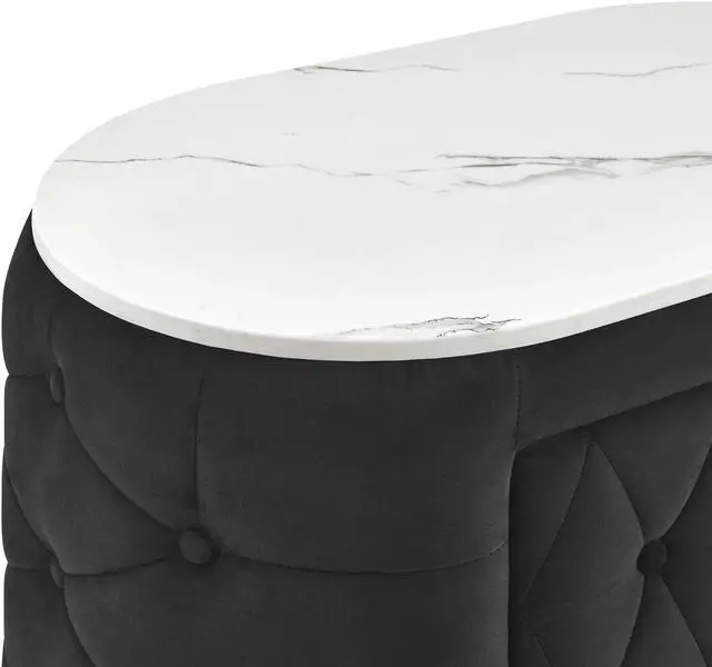 Alt view image 4 of 7 - 1pc Black Nightstand Upholstery Fabric Marble Top Two Storage Drawers Wooden Bedroom Furniture Oval Black