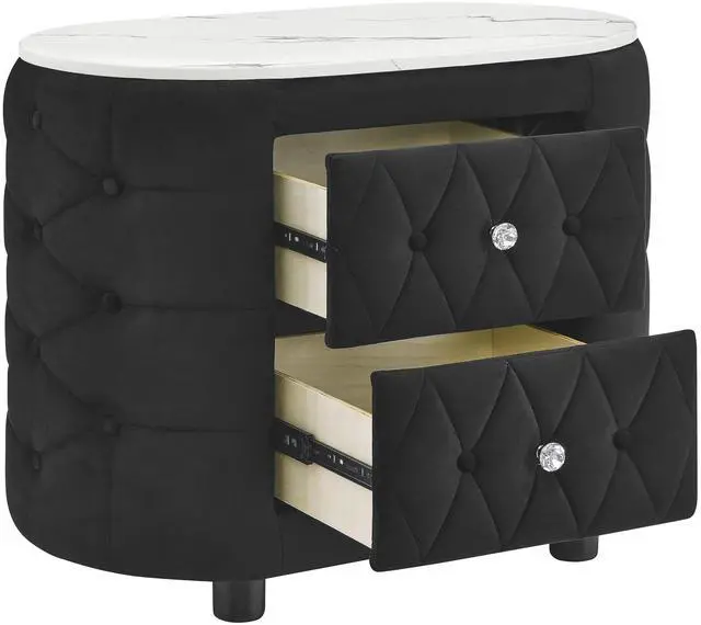 Alt view image 3 of 7 - 1pc Black Nightstand Upholstery Fabric Marble Top Two Storage Drawers Wooden Bedroom Furniture Oval Black