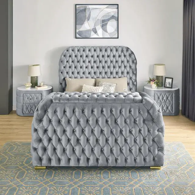 Alt view image 6 of 6 - 1pc Gray Nightstand Upholstery Fabric Marble Top Two Storage Drawers Wooden Bedroom Furniture Oval Grey