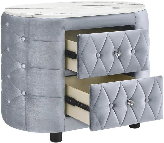 Alt view image 3 of 6 - 1pc Gray Nightstand Upholstery Fabric Marble Top Two Storage Drawers Wooden Bedroom Furniture Oval Grey