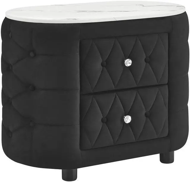 Alt view image 2 of 7 - 1pc Black Nightstand Upholstery Fabric Marble Top Two Storage Drawers Wooden Bedroom Furniture Oval Black