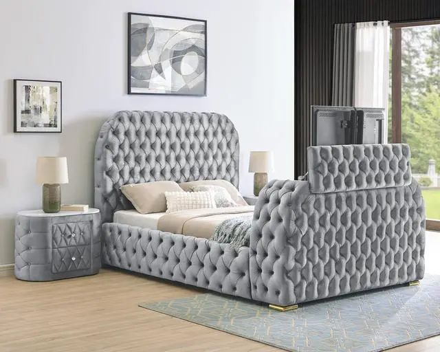 Alt view image 5 of 6 - 1pc Gray Nightstand Upholstery Fabric Marble Top Two Storage Drawers Wooden Bedroom Furniture Oval Grey