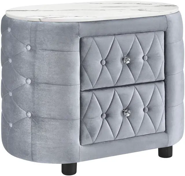 Alt view image 2 of 6 - 1pc Gray Nightstand Upholstery Fabric Marble Top Two Storage Drawers Wooden Bedroom Furniture Oval Grey