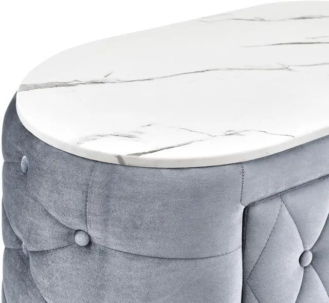 Alt view image 4 of 6 - 1pc Gray Nightstand Upholstery Fabric Marble Top Two Storage Drawers Wooden Bedroom Furniture Oval Grey