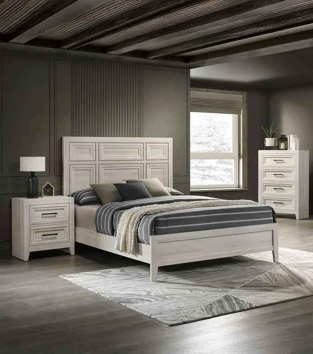 Alt view image 6 of 6 - 1pc Contemporary Two Drawer Nightstand Geometric Design Off-White Finish Wooden Furniture