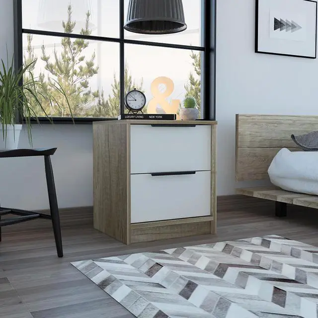 Main image of Kaia Nightstand , End Table, Side Table Two Drawers, Metal Handle -White / Pine