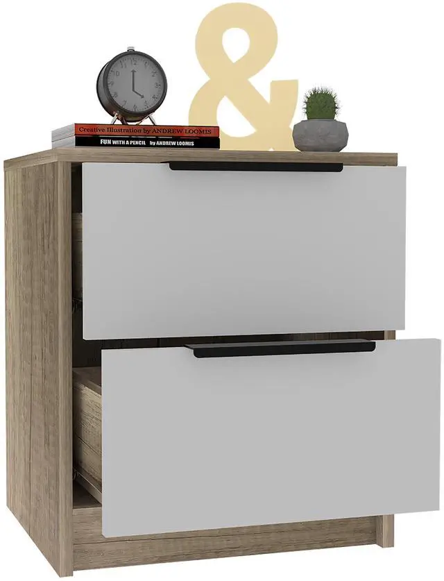 Alt view image 5 of 7 - Kaia Nightstand , End Table, Side Table Two Drawers, Metal Handle -White / Pine