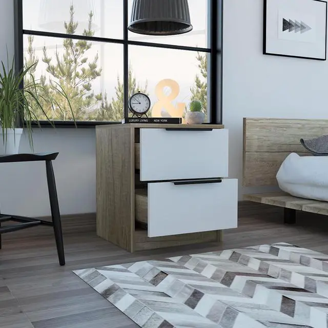 Alt view image 6 of 7 - Kaia Nightstand , End Table, Side Table Two Drawers, Metal Handle -White / Pine