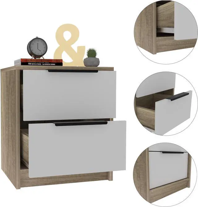 Alt view image 3 of 7 - Kaia Nightstand , End Table, Side Table Two Drawers, Metal Handle -White / Pine