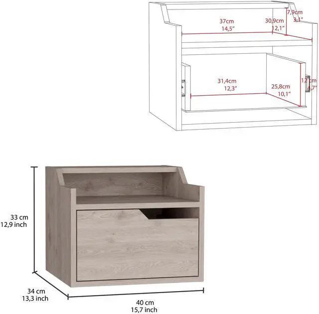 Alt view image 3 of 5 - Busan Modern Floating Nightstand , End Table, Side Table Single-Drawer Design with Sleek Two-Tiered Top Shelf Surfaces- Light Grey - Bedroom