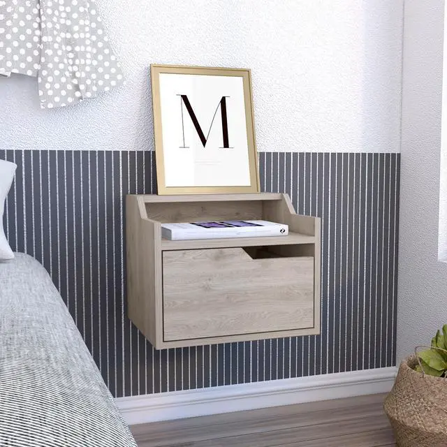 Main image of Busan Modern Floating Nightstand , End Table, Side Table Single-Drawer Design with Sleek Two-Tiered Top Shelf Surfaces- Light Grey - Bedroom