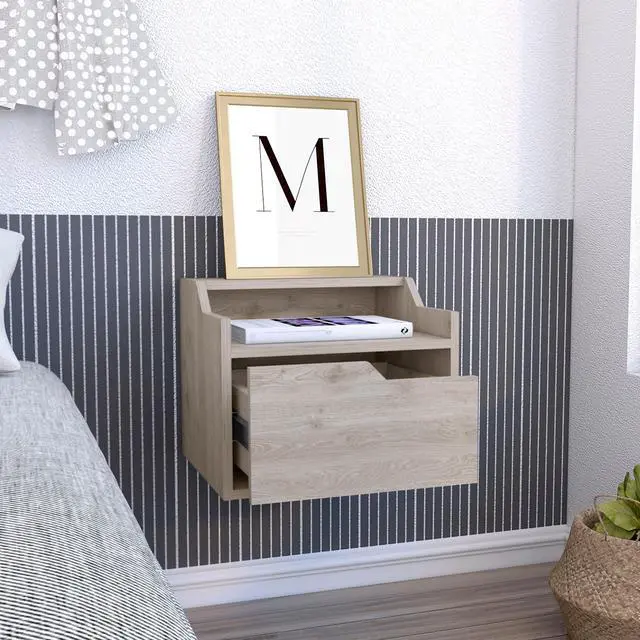 Alt view image 4 of 5 - Busan Modern Floating Nightstand , End Table, Side Table Single-Drawer Design with Sleek Two-Tiered Top Shelf Surfaces- Light Grey - Bedroom