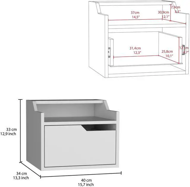 Alt view image 3 of 5 - Busan Modern Floating Nightstand , End Table, Side Table Single-Drawer Design with Sleek Two-Tiered Top Shelf Surfaces- White - Bedroom