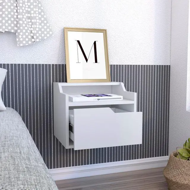Alt view image 4 of 5 - Busan Modern Floating Nightstand , End Table, Side Table Single-Drawer Design with Sleek Two-Tiered Top Shelf Surfaces- White - Bedroom