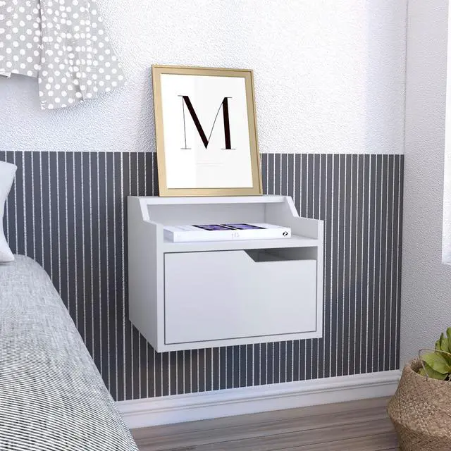 Main image of Busan Modern Floating Nightstand , End Table, Side Table Single-Drawer Design with Sleek Two-Tiered Top Shelf Surfaces- White - Bedroom