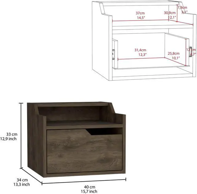 Alt view image 3 of 5 - Busan Modern Floating Nightstand , End Table, Side Table Single-Drawer Design with Sleek Two-Tiered Top Shelf Surfaces- Dark Brown - Bedroom