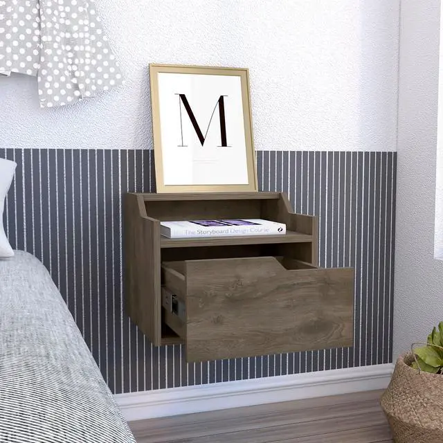 Alt view image 4 of 5 - Busan Modern Floating Nightstand , End Table, Side Table Single-Drawer Design with Sleek Two-Tiered Top Shelf Surfaces- Dark Brown - Bedroom