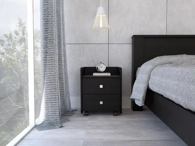 Main image of Aura Nightstand , End Table, Side Table Metal Handle, Two Drawers, Superior Top -Black