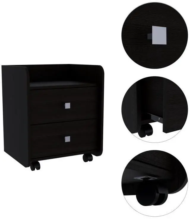 Alt view image 4 of 5 - Aura Nightstand , End Table, Side Table Metal Handle, Two Drawers, Superior Top -Black