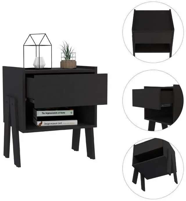 Alt view image 3 of 5 - Joy Nightstand , End Table, Side Table Four Legs, One Open Shelf, One Drawer  -Black