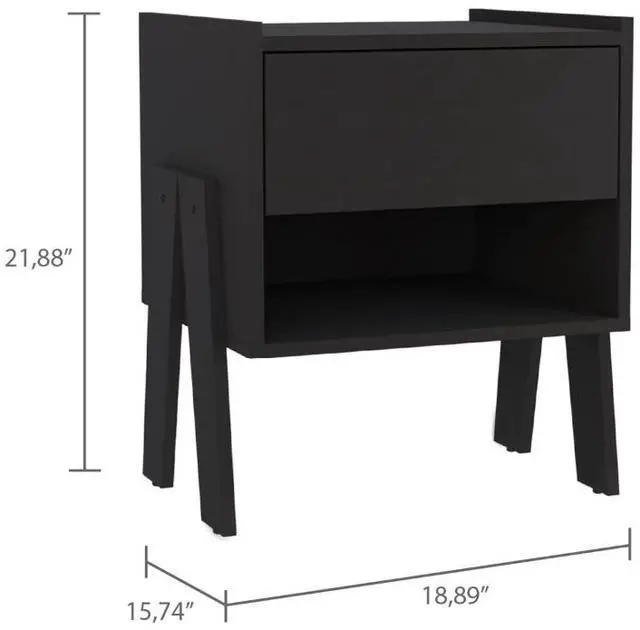 Alt view image 5 of 5 - Joy Nightstand , End Table, Side Table Four Legs, One Open Shelf, One Drawer  -Black