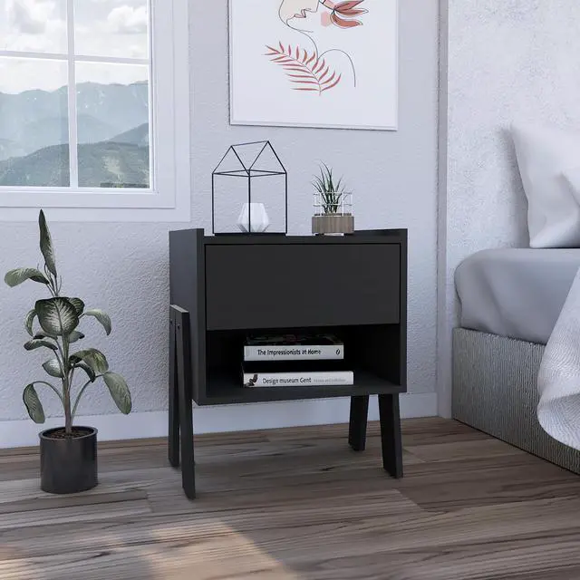 Main image of Joy Nightstand , End Table, Side Table Four Legs, One Open Shelf, One Drawer  -Black