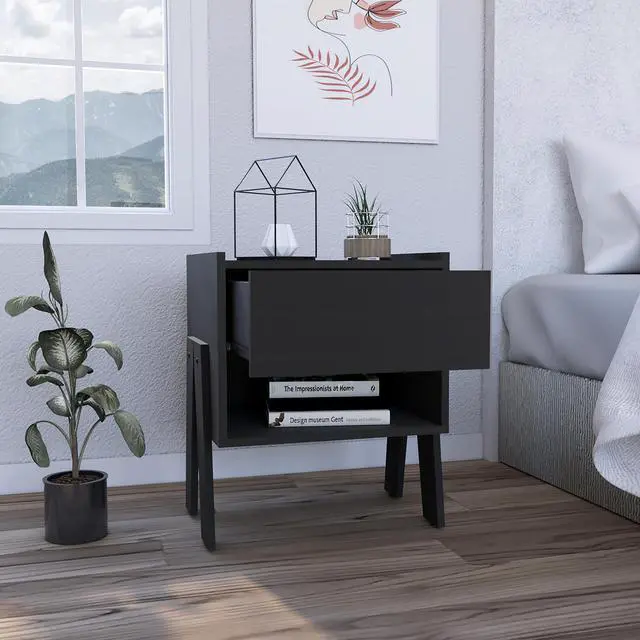 Alt view image 2 of 5 - Joy Nightstand , End Table, Side Table Four Legs, One Open Shelf, One Drawer  -Black