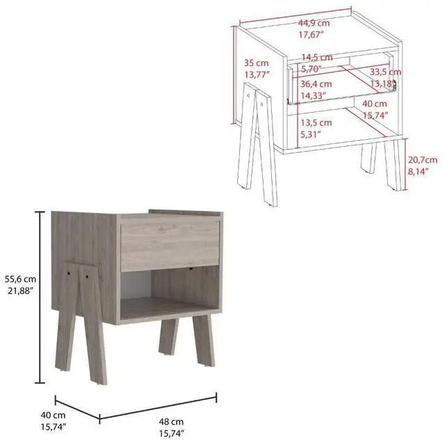 Alt view image 5 of 5 - Joy Nightstand , End Table, Side Table Four Legs, One Open Shelf, One Drawer  -Light Gray