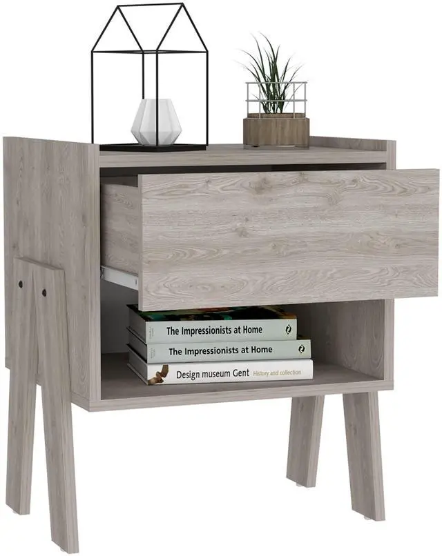 Alt view image 2 of 5 - Joy Nightstand , End Table, Side Table Four Legs, One Open Shelf, One Drawer  -Light Gray