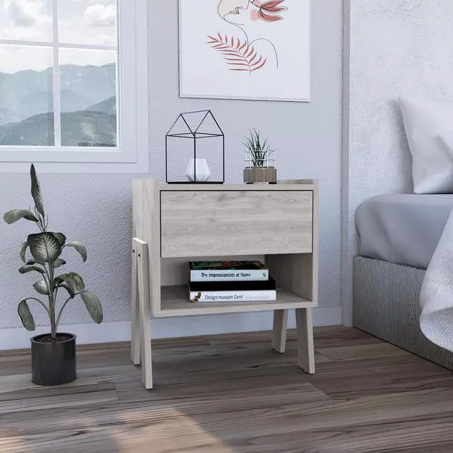Main image of Joy Nightstand , End Table, Side Table Four Legs, One Open Shelf, One Drawer  -Light Gray