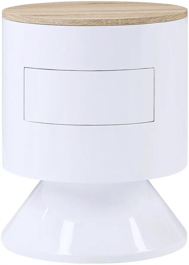 Alt view image 2 of 7 - White High Gloss and Natural 1-drawer Drum Nightstand