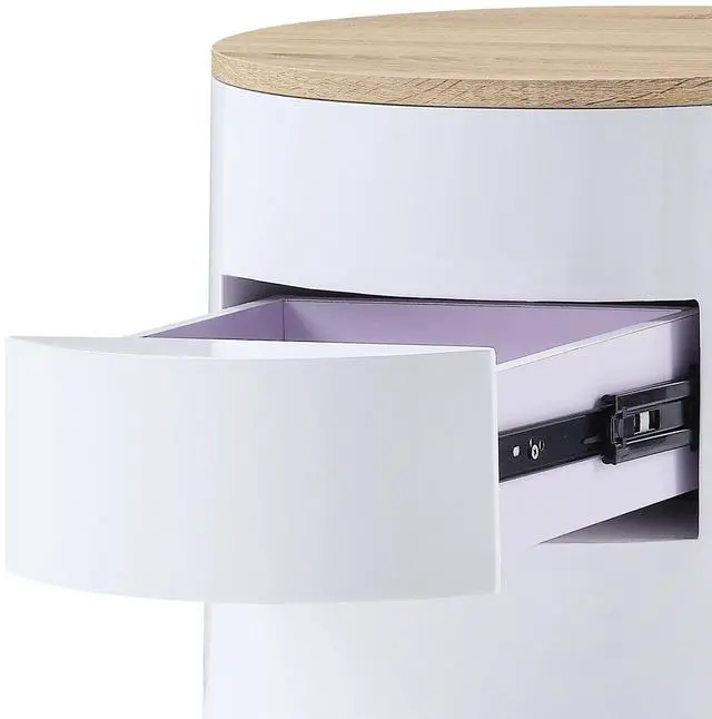 Alt view image 4 of 7 - White High Gloss and Natural 1-drawer Drum Nightstand