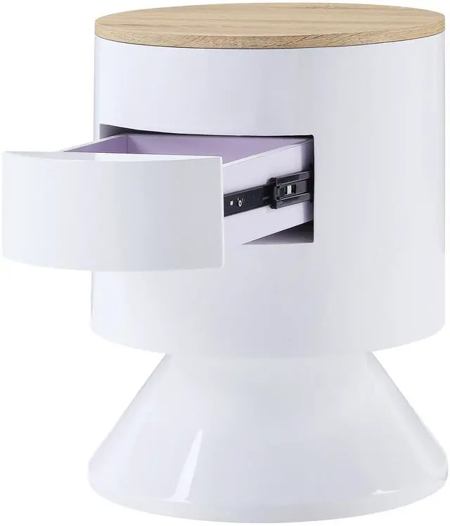 Alt view image 3 of 7 - White High Gloss and Natural 1-drawer Drum Nightstand