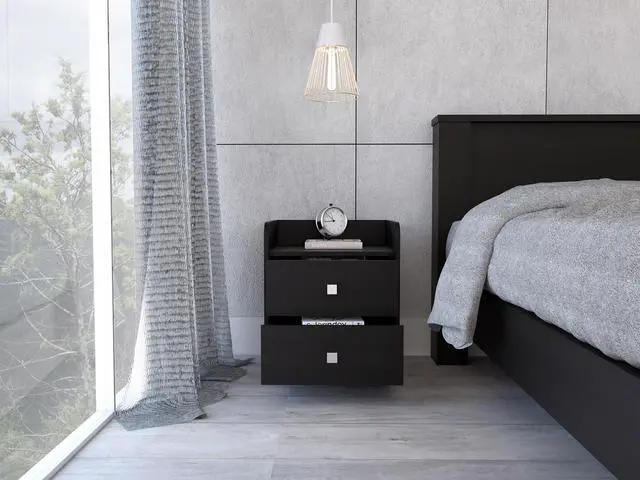 Alt view image 2 of 5 - Aura Nightstand , End Table, Side Table Metal Handle, Two Drawers, Superior Top -Black