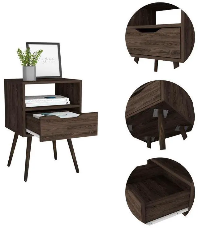 Alt view image 3 of 7 - Otom Nightstand , Superior Top, One Open Shelf, One Drawer, Four Legs -Dark Walnut