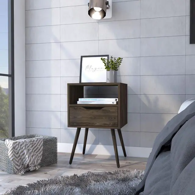 Main image of Otom Nightstand , Superior Top, One Open Shelf, One Drawer, Four Legs -Dark Walnut