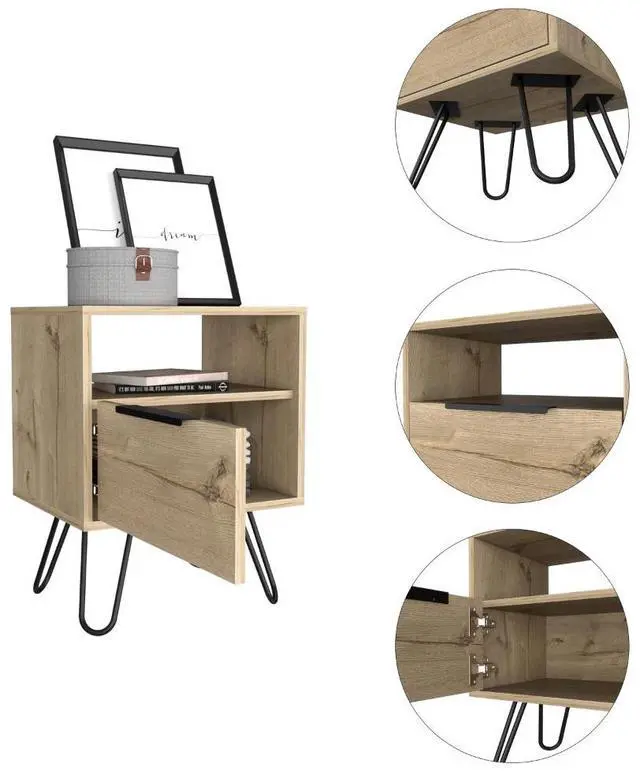 Alt view image 3 of 5 - Augusta Nightstand , End Table, Side Table Single Door Cabinet, Hairpin Legs -Light Oak
