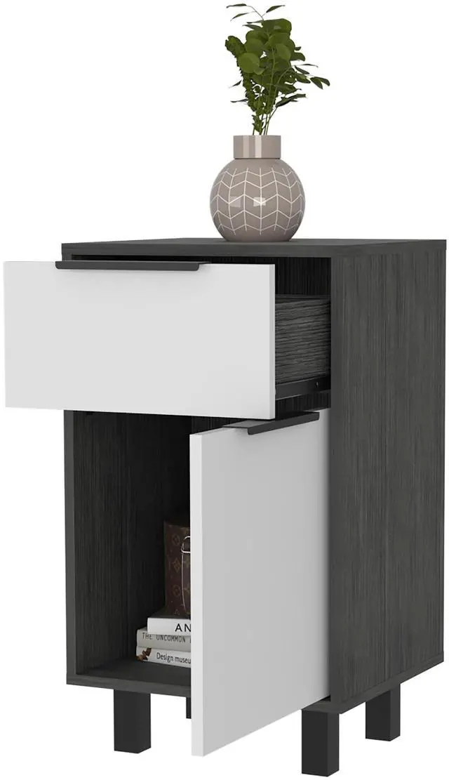 Alt view image 3 of 5 - Kaia Z Nightstand , End Table, Side Table One Drawer, One Cabinet,  Four Legs, Superior Top -Smokey Oak / White