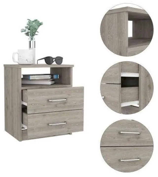 Alt view image 3 of 4 - Napoles Nightstand , End Table, Side Table Superior Top, Two Drawers, One Shelf -Light Gray